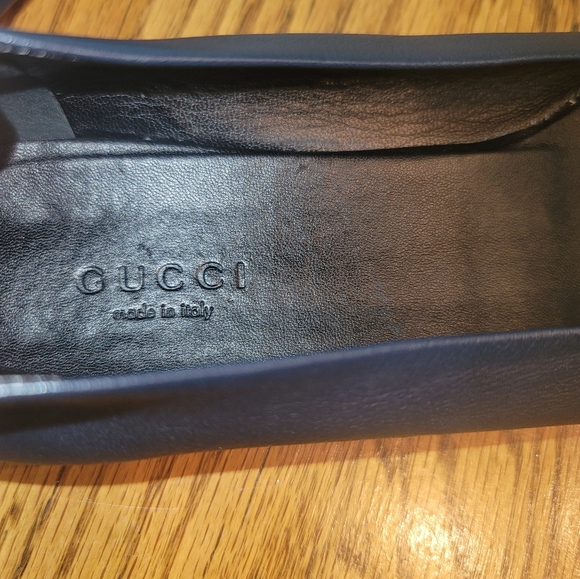 Gucci Round Toe Navy Blue Genuine Leather Silver GG Logo Flat Loafers Shoes - Picture 4 of 13